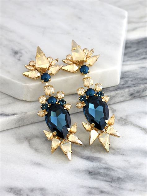 Blue Chandelier Earrings Bridal Blue Navy Earrings Statement Etsy