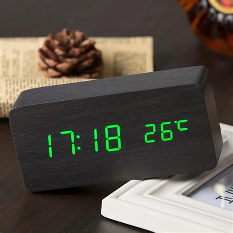 Square Wooden Led Alarm Clocks Temperature Electronic Clock Sounds