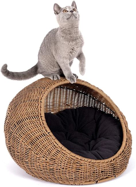 Wicker Cat Bed For Cats Modern Cat Hideout Rattan House Hut With