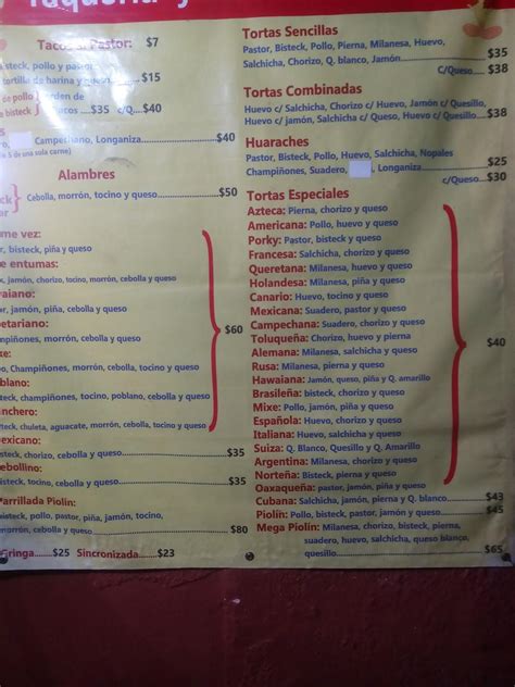 Carta Del Restaurante Taquería Y Torteria Piolín Mexico