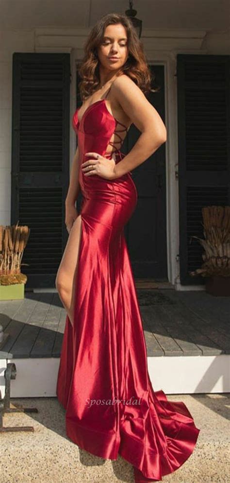 Sexy Red Spaghetti Straps V Neck Lace Up Back Side Slit Mermaid Long P