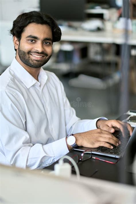 Happy Indian Young Business Man Employee Working On Laptop Portrait