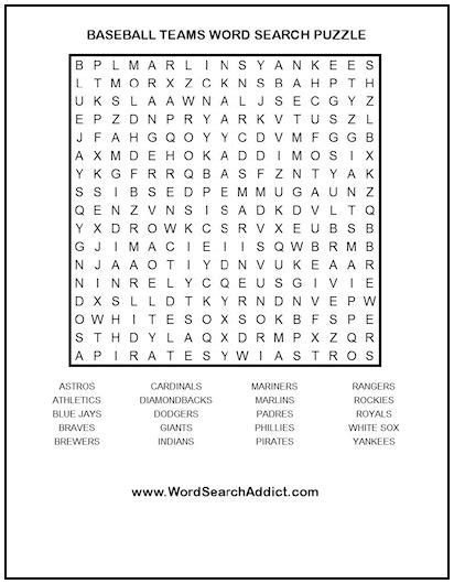 Baseball Teams Printable Word Search Puzzle Word Search Addict