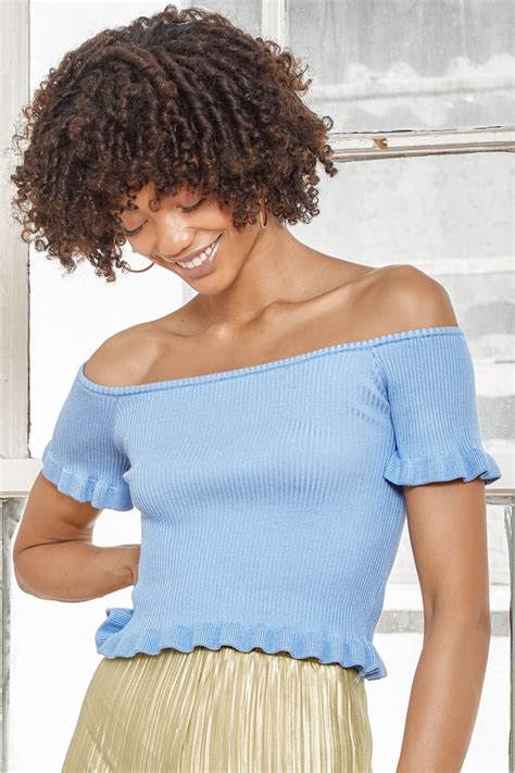 Light Blue Knit Top Ruffled Crop Top Short Sleeve Sweater Top Lulus