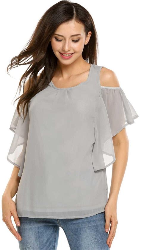 Light Gray Solid Butterfly Sleeve Pleated Front Cold Shoulder Chiffon