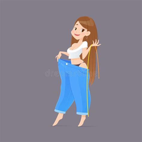 Cartoon Woman After Weight Loss Is Try Her Old Jeans Vector Stock