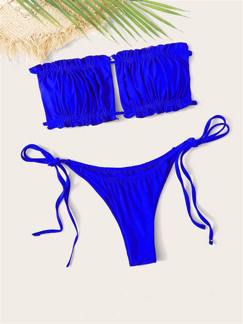 Ruched Frill Bandeau Tie Side Bikini Swimsuit In 2021 Swimsuits