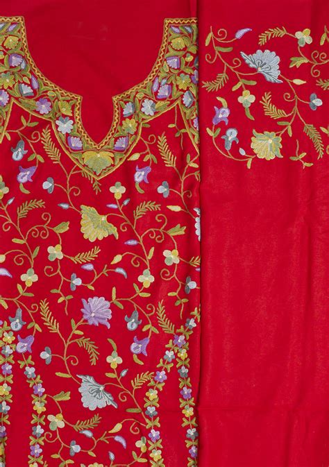 Red Two Piece Kashmiri Salwar Kameez Fabric With Floral Aari Embroidery