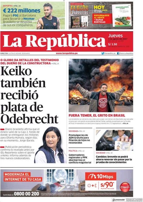 Periódico La Republica Perú Periódicos De Perú Edición De Jueves 3
