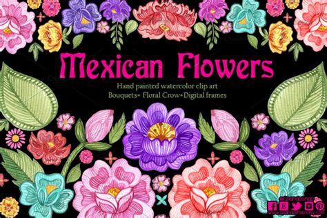 Mexican Flowers Watercolor Clip Art Custom Designed
