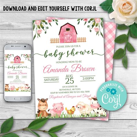 Editable Pink Farm Animals Baby Shower Invitation Farm Baby Etsy