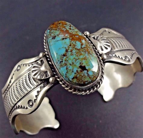 Signed Vintage NAVAJO Hand Stamped Sterling Silver TURQUOISE Cuff