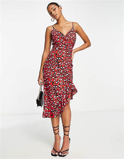 Girl In Mind Wrap Detail Midi Dress In Red Leopard Asos