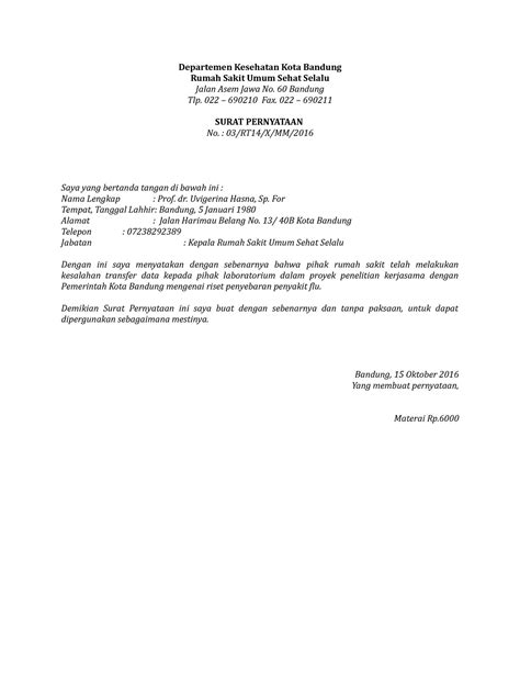 Contoh Surat Pernyataan Salah Transfer Data Departemen Kesehatan Kota Bandung Rumah Sakit Umum