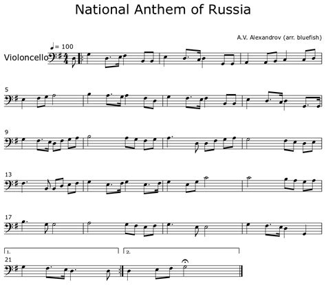 National Anthem Of Russia Sheet Music For Cello