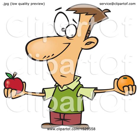 Clipart Of A Cartoon Caucasian Man Comparing Apples And Oranges