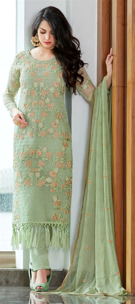 1518514 Party Wear Green Color Organza Silk Fabric Salwar Kameez