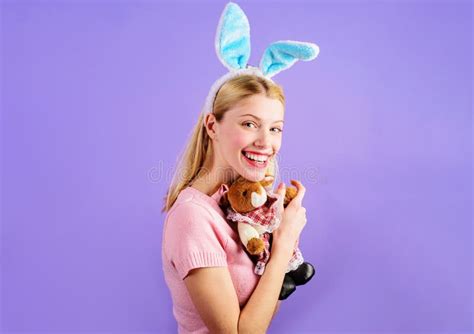 Happy Easter Smiling Girl With Bunny Toy Spring Holidays Preparation