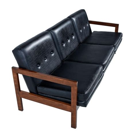 Beechwood Mid Century Modern Black Leather Sofa Couch With Button