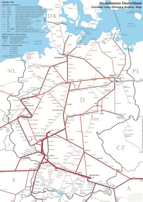 Mapa sieci kolejowych dalekobieżnych w Niemczech