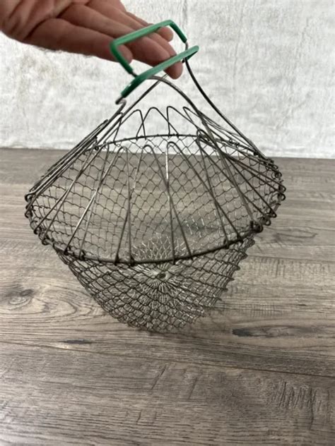 Vintage Farmhouse French Collapsible Wire Mesh Fruitvegetableegg Basket Green 1498 Picclick