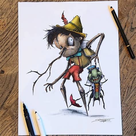 Pinocchio And Jiminy Cricket Both As Monsters Drawing By Dinotomic