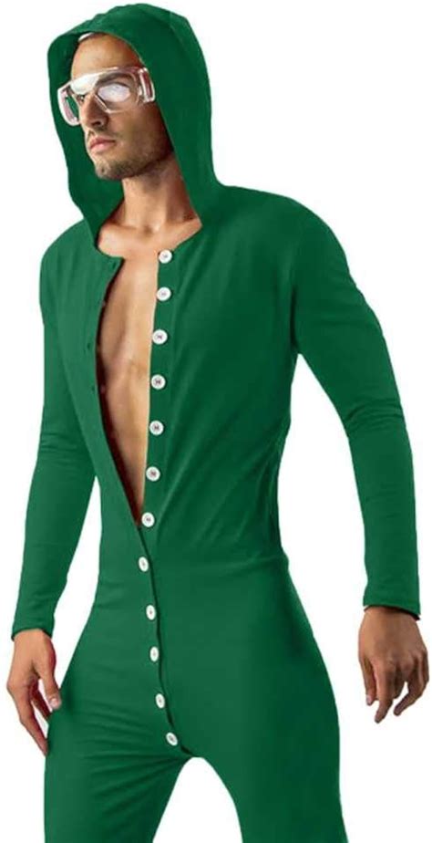 Men Onesies Button Flap Nightwear Long Sleeve Jumpsuit Solid Color Functional Adult Home Pajamas