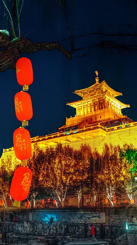 Wallpaper Ancient City Building Lanterns Night Lights China