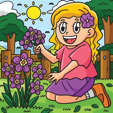 Spring Girl Picking Flowers Colored Illustration Vector Art At
