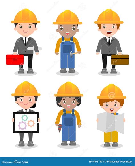 Set Of Cute Construction Engineering Industrial Workers Project Manager