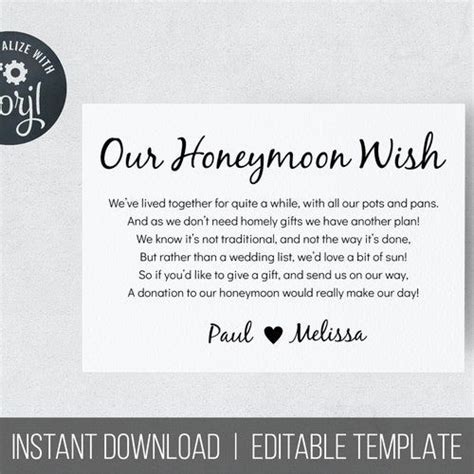 Honeymoon Wish Template Honeymoon Fund Cards Printable Etsy In 2023