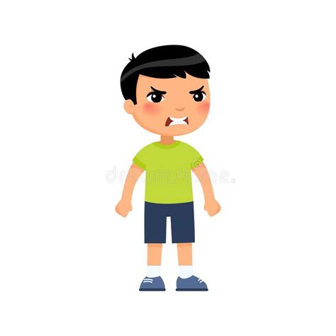 Angry Little Asian Boy Flat Vector Illustration Furious Child