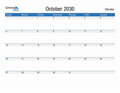Editable October 2030 Calendar With Gibraltar Holidays