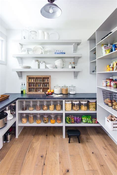 Large Walk In Butlers Pantry With Grey Open Shelves And Cabinets Keep