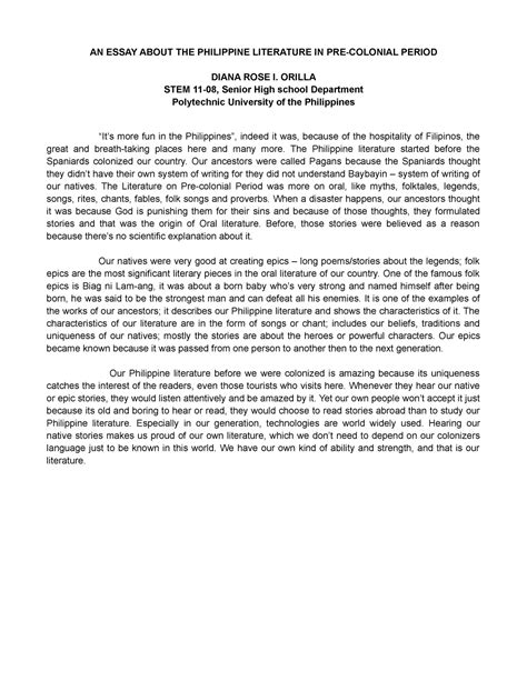 Something read in a newspaper or heard on the news, material covered. AN Essay About THE Philippine Literature IN Precolonial ...