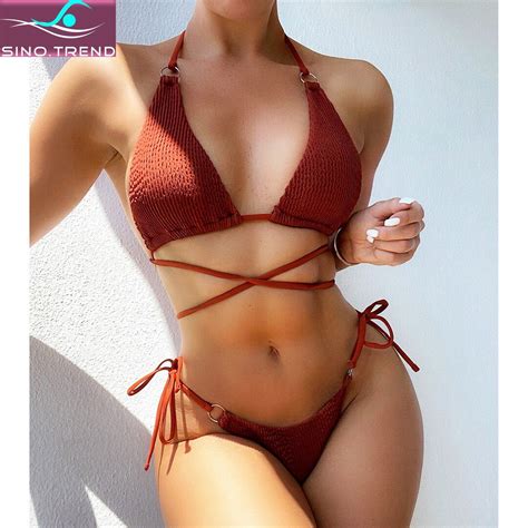 Sino Trend Wrap Around Bikini Set Wrinkled Halter Strappy Female