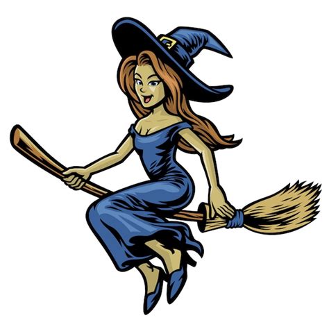 Premium Vector Cute Beautiful Witch Riding Her Flying Broom