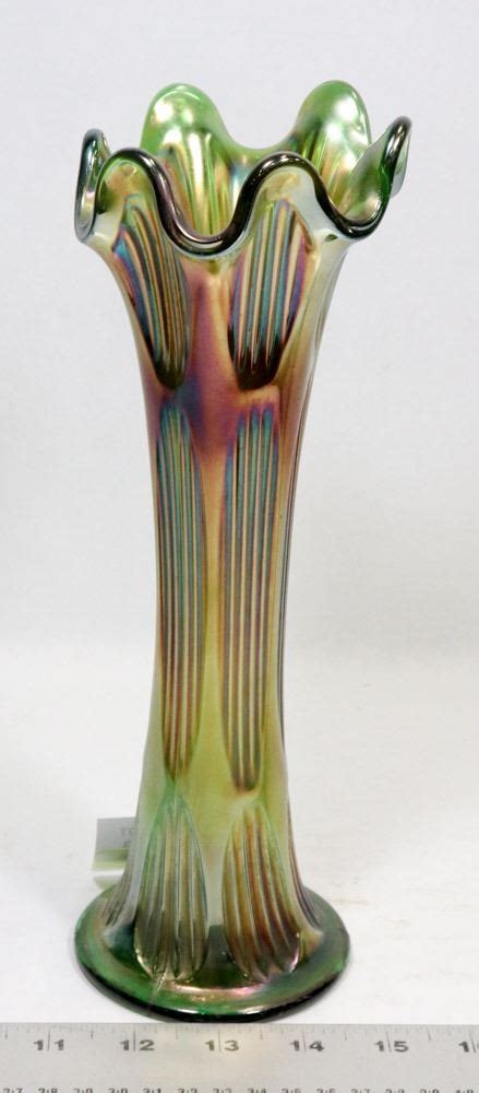 Green Rippled Top Carnival Glass Vase