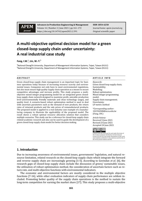 Pdf A Multi Objective Optimal Decision Model For A Green Closed Loop