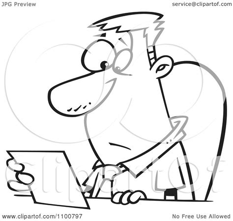 Clipart Outlined Businessman Seated At A Desk And Reading A Memo