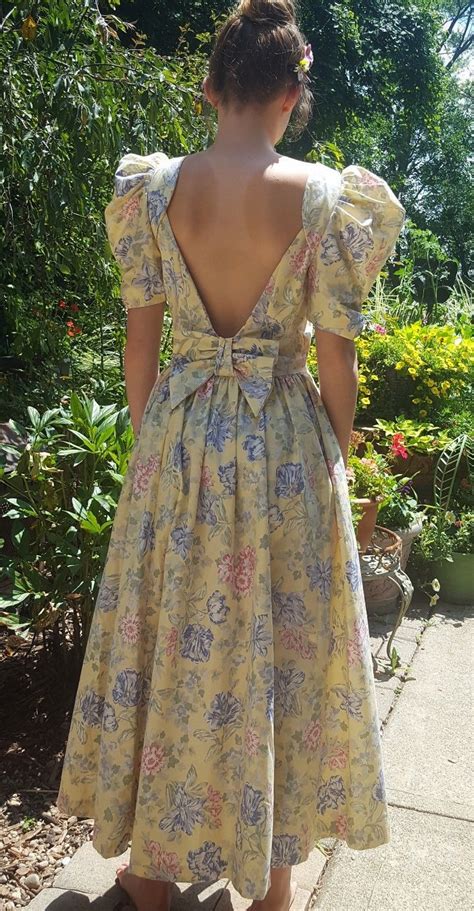 Vintage 80s Laura Ashley Floral Yellow V Back Tea Garden Dress Uk 12