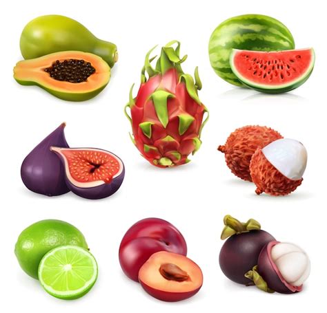 Premium Vector Exotic Fruits Set Juicy Ripe Tropical Fruits