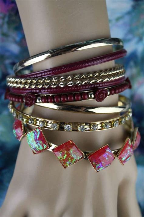foil stone rose and rhinestone bracelet set 9 layer stack deco style bangles rhinestone