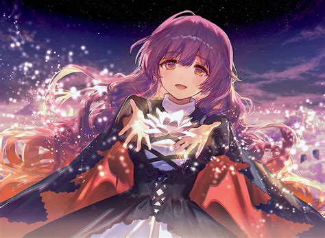 Ainy77 Dress Hijiri Byakuren Long Hair Purple Hair Sky Stars Touhou