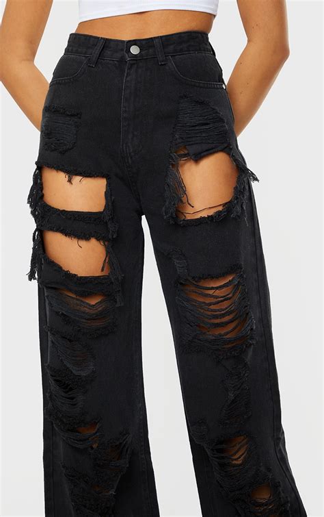 Washed Black Ripped Baggy Boyfriend Jeans Prettylittlething Usa