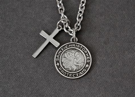 St Christopher Necklace With Cross Sterling Silver Religious Etsy