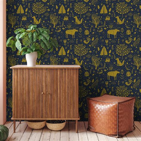 Moose In The Hoose Wallpaper In Midnight Blue And Mustard Lust Home