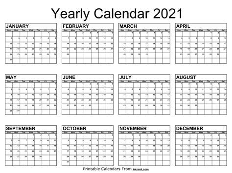 2021 Yearly Calendar Time Management Tools By Axnent