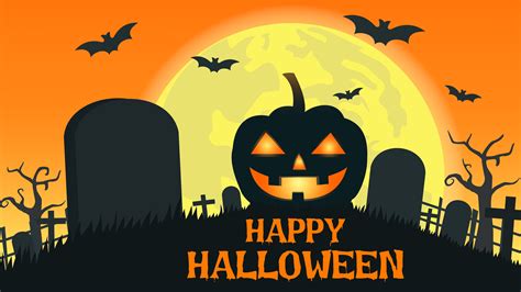 halloween background with smile pumpkin devil in graveyard and the full moon vector