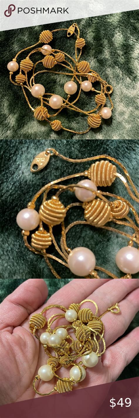 Vintage Trifari Faux Pearl And Golden Swirling Balls Inches Necklace